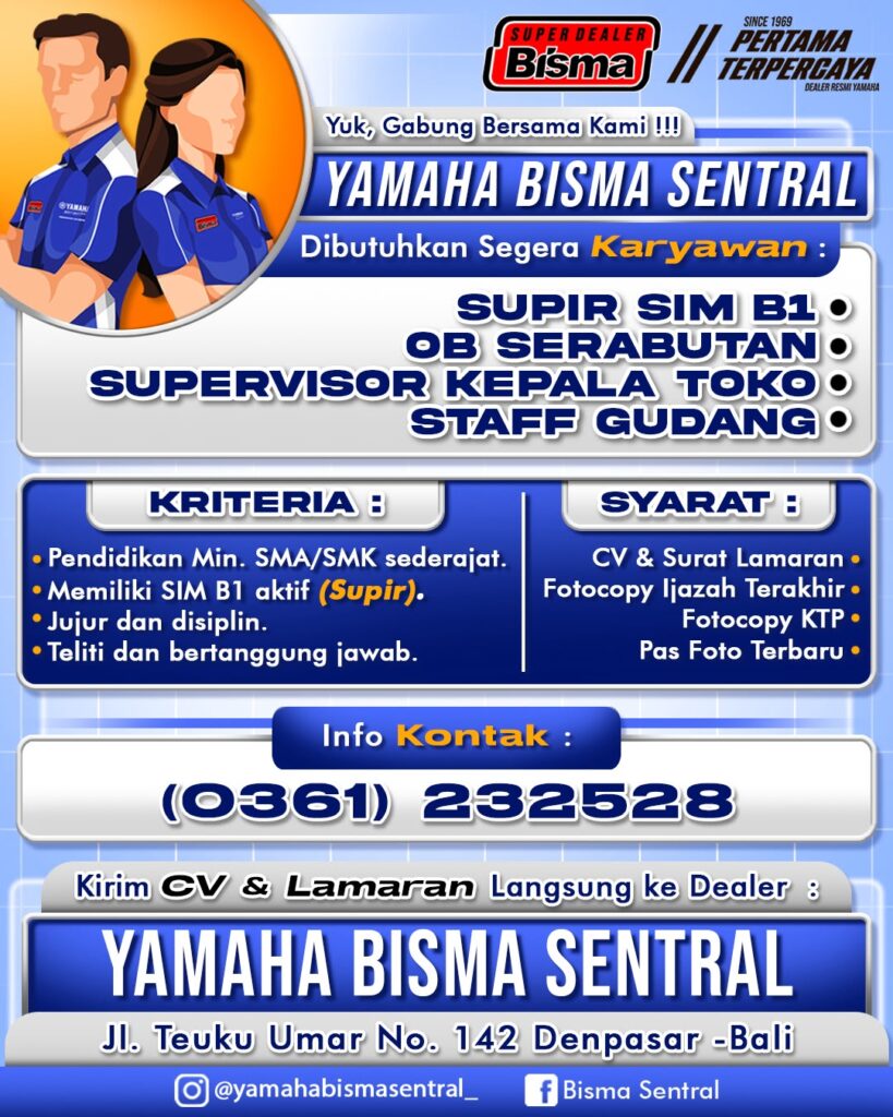 lowongan supir , supervisor kepala toko, staff gudang